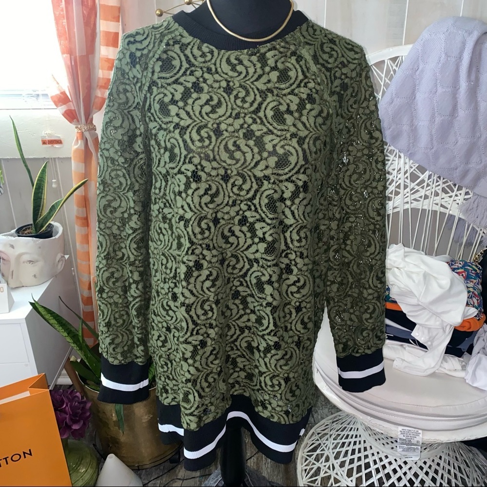 Women's ZARA long Sweatshirt olive Green Lace Top size L
